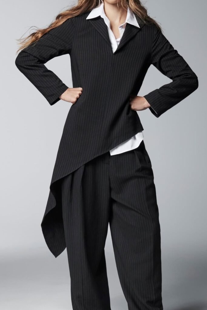 Black Pinstripe Asymmetrical Blazer + White Shirt + Black Pinstripe Wide-Leg Trousers