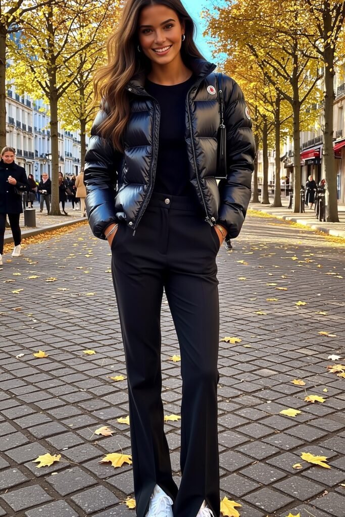 Black Puffer Jacket + Black Pants + White Sneakers + Black Handbag