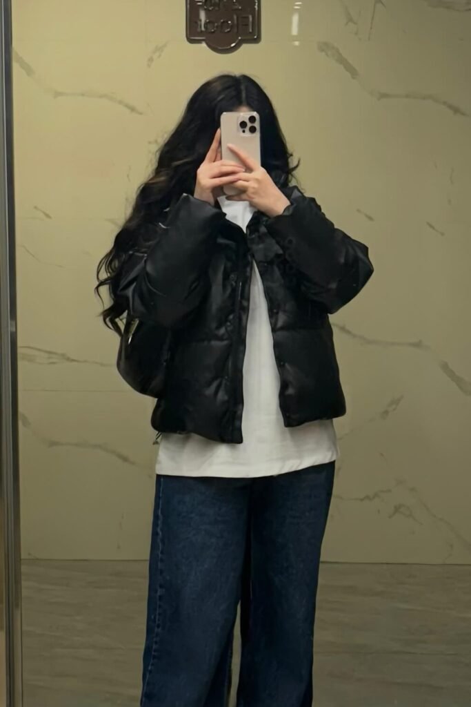 Black Puffer Jacket + White T-shirt + Wide-Leg Dark Wash Jeans + Black Shoulder Bag