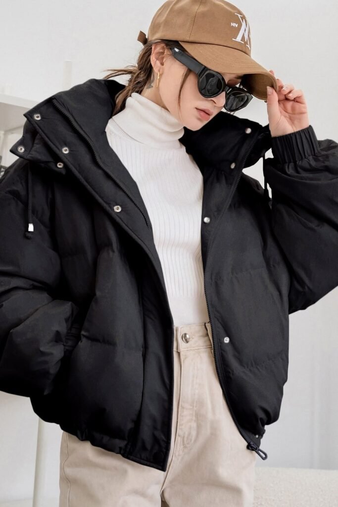 Black Puffer Jacket + White Turtleneck + Beige Pants + Brown Cap + Black Sunglasses