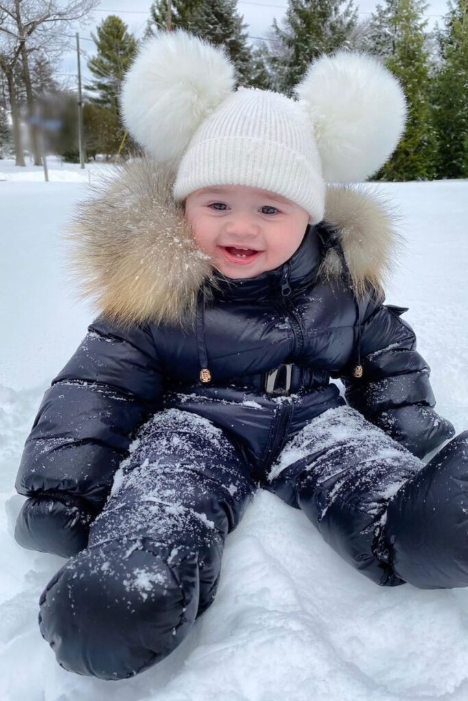 Black Puffer Snowsuit + White Pom-Pom Beanie