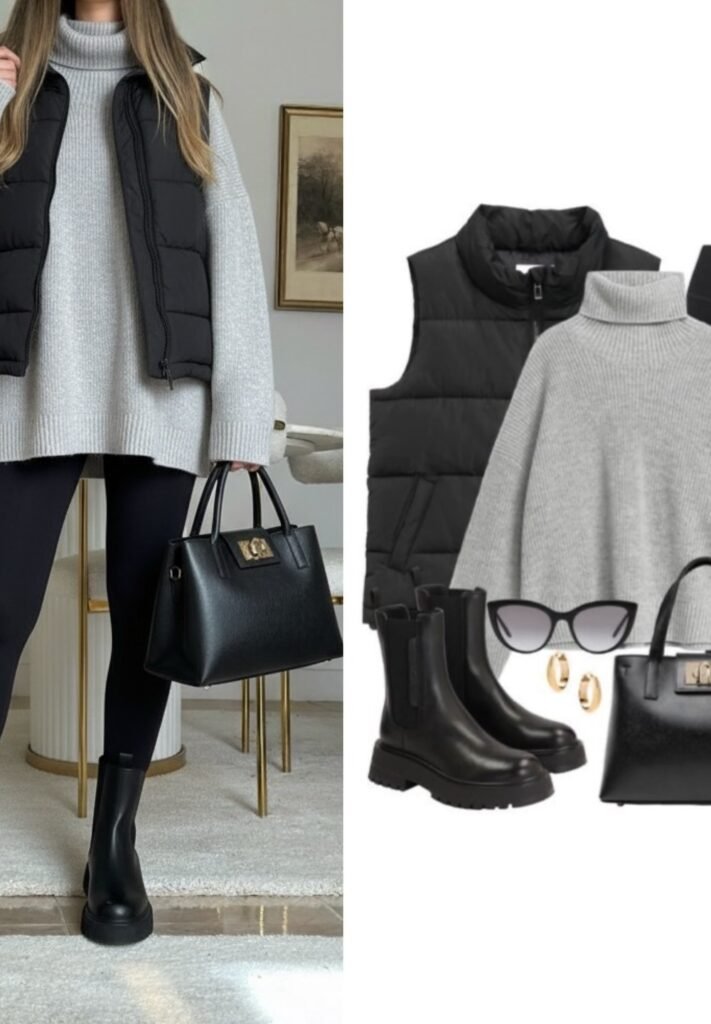 Black Puffer Vest + Grey Oversized Turtleneck Sweater + Black Leggings + Black Chunky Chelsea Boots + Black Structured Tote