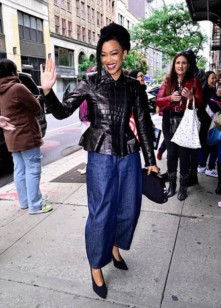 Black Quilted Leather Peplum Jacket + Dark Wash Baggy Jeans + Black Heels