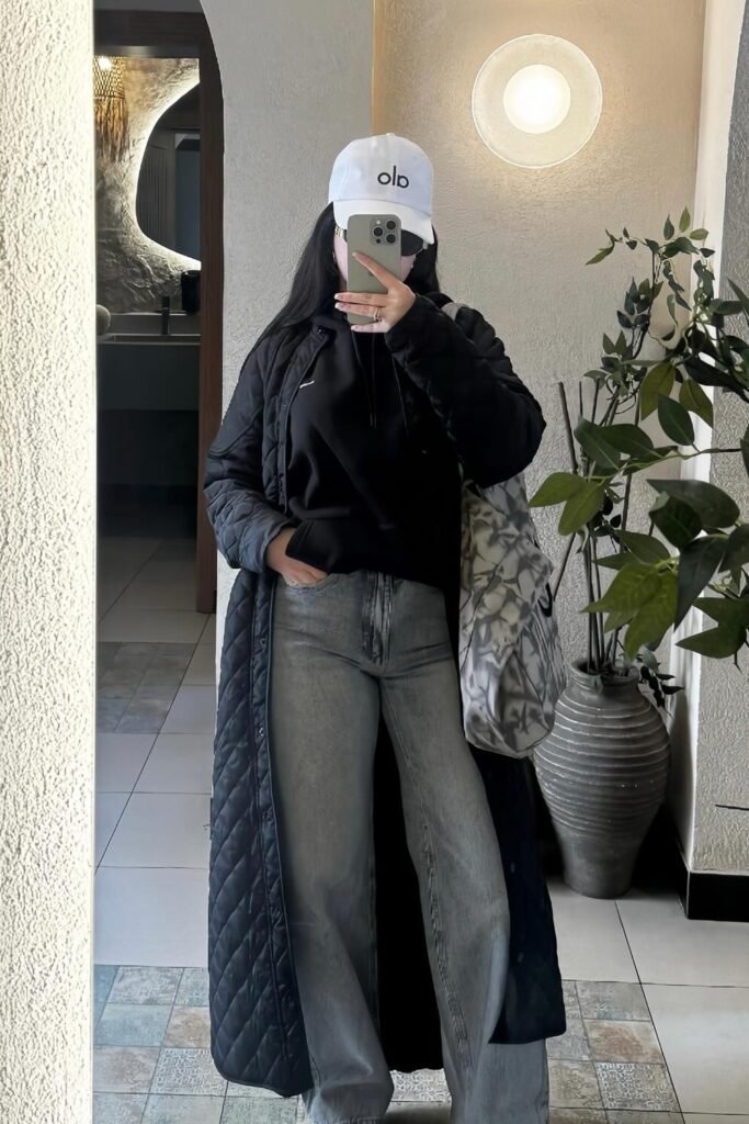 Black Quilted Long Coat + Black Hoodie + Grey Wide-Leg Jeans
