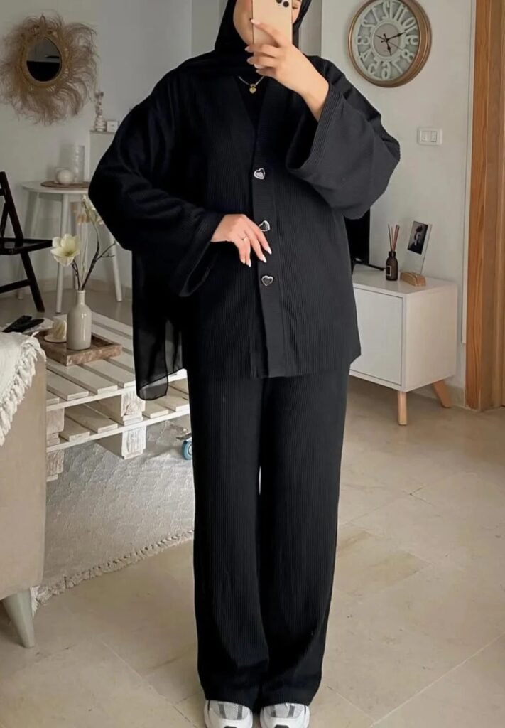 Black Ribbed Co-ord Set + White Sneakers + Black Hijab