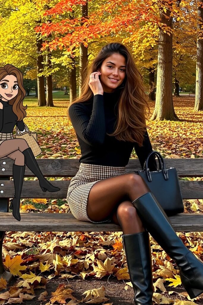 Black Ribbed Turtleneck + Tan Plaid Mini Skirt + Black Tights + Black Knee-High Boots