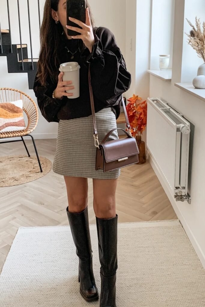 Black Ruffled/Balloon Sleeve Top + Plaid Mini Skirt + Black Knee-High Boots