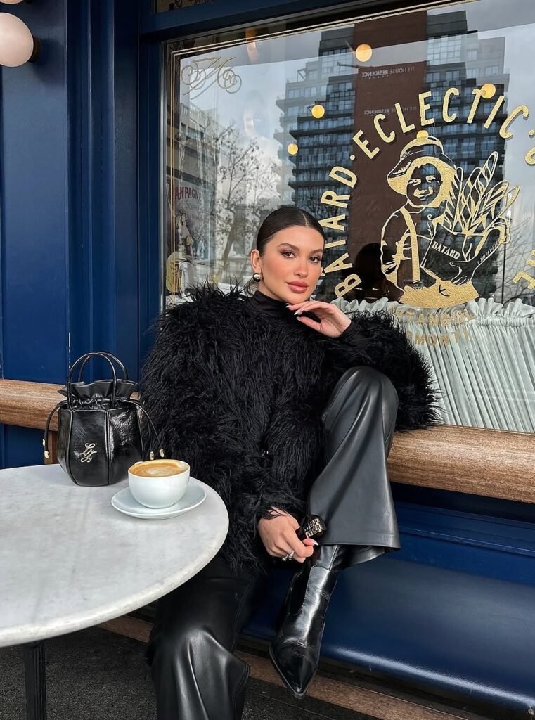 Black Shaggy Faux Fur Jacket + Black Leather Wide-Leg Trousers + Black Ankle Boots