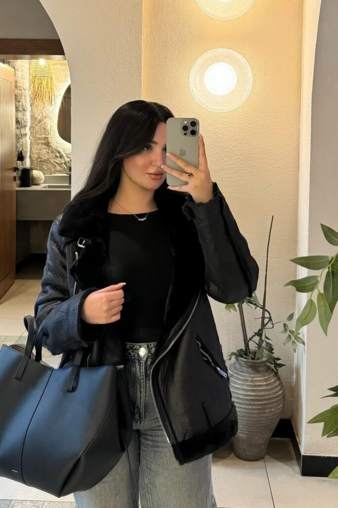 Black Shearling Moto Jacket + Black Top + Light Wash Straight-Leg Jeans