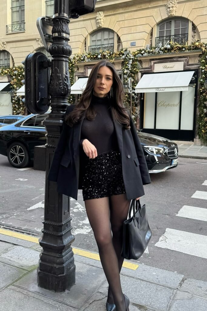 Black Sheer Turtleneck + Black Sequin Mini Shorts + Black Blazer