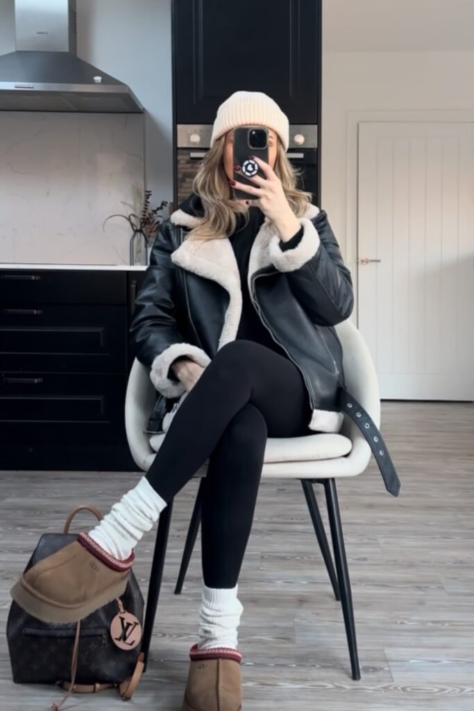 Black Sherpa-Lined Aviator Jacket + Black Top + Black Leggings + Ugg Boots + Cream Beanie