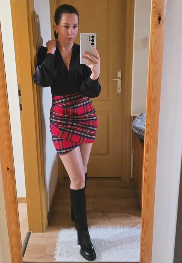 Black Silk Blouse + Red Plaid Mini Skirt + Black Knee-High Sock Boots