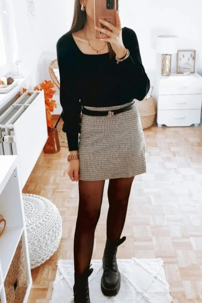 Black Square-Neck Sweater + Plaid Mini Skirt + Black Tights + Black Lug Sole Combat Boots