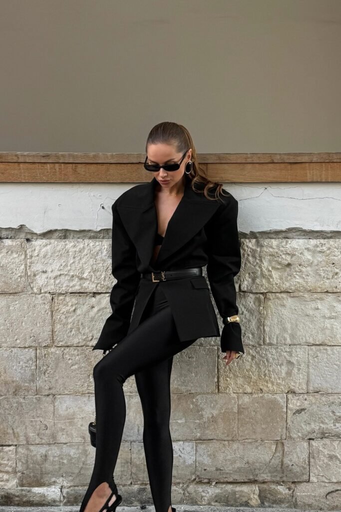 Black Structured Blazer (Belted) + Black Bralette + Black Stirrup Leggings + Black Heels
