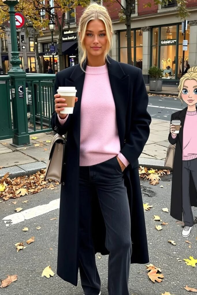 Black Structured Long Coat + Pink Crewneck Sweater + Charcoal Wide-Leg Jeans + Neutral Shoulder Bag