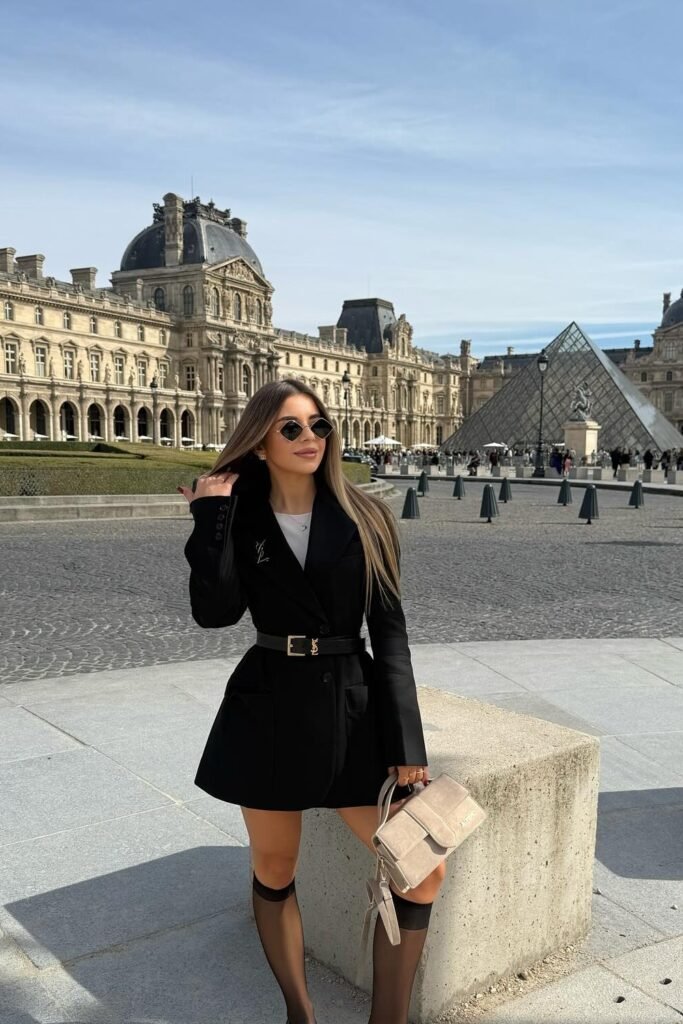 Black Tailored Blazer Dress + Black Logo Belt + Black Sheer Over-the-Knee Socks