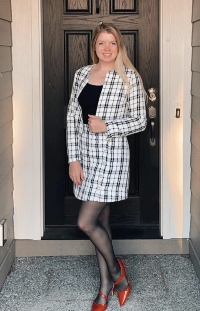 Black Top + Patterned Blazer + Stylish Mini Skirt + Red Heels + Sheer Tight