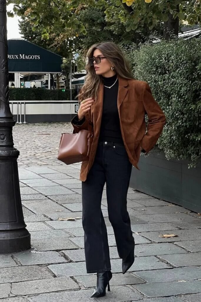 Black Turtleneck + Brown Suede Blazer + Black Flared Jeans + Black Ankle Boots + Brown Handbag