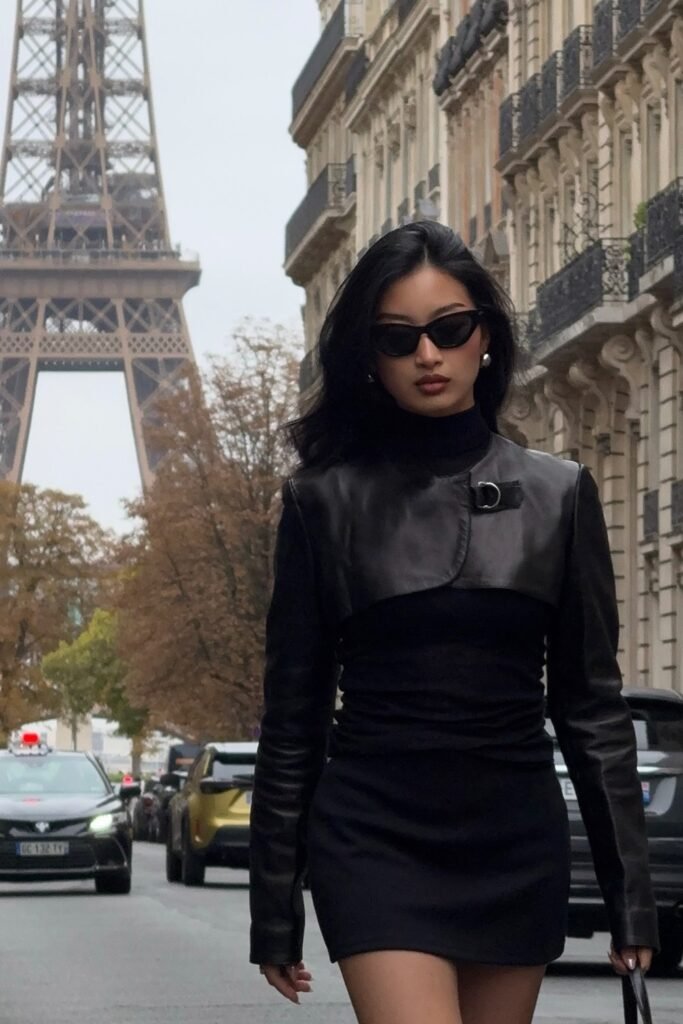 Black Turtleneck Mini Dress + Cropped Black Leather Bolero Jacket + Black Sunglasses