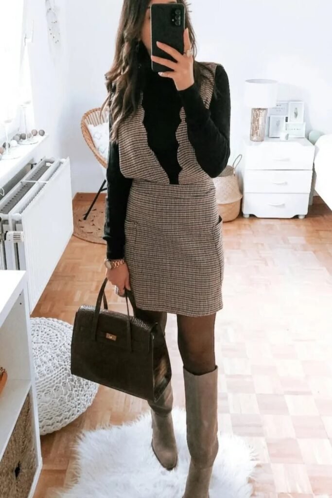 Black Turtleneck + Plaid Jumpsuit/Dress + Gray Suede Boots + Dark Brown Handbag