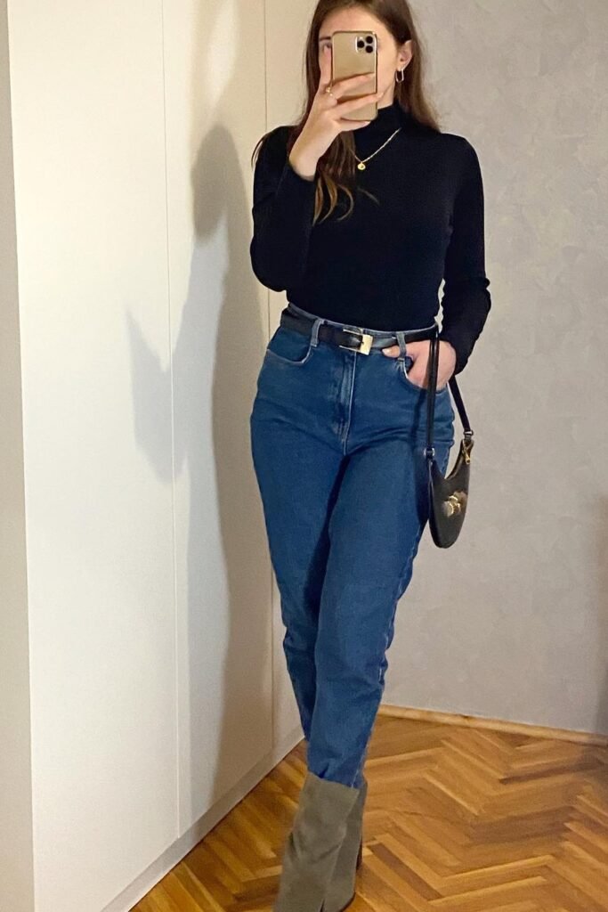 Black Turtleneck Sweater + Blue Mom Jeans + Olive Green Ankle Boots + Black Mini Bag