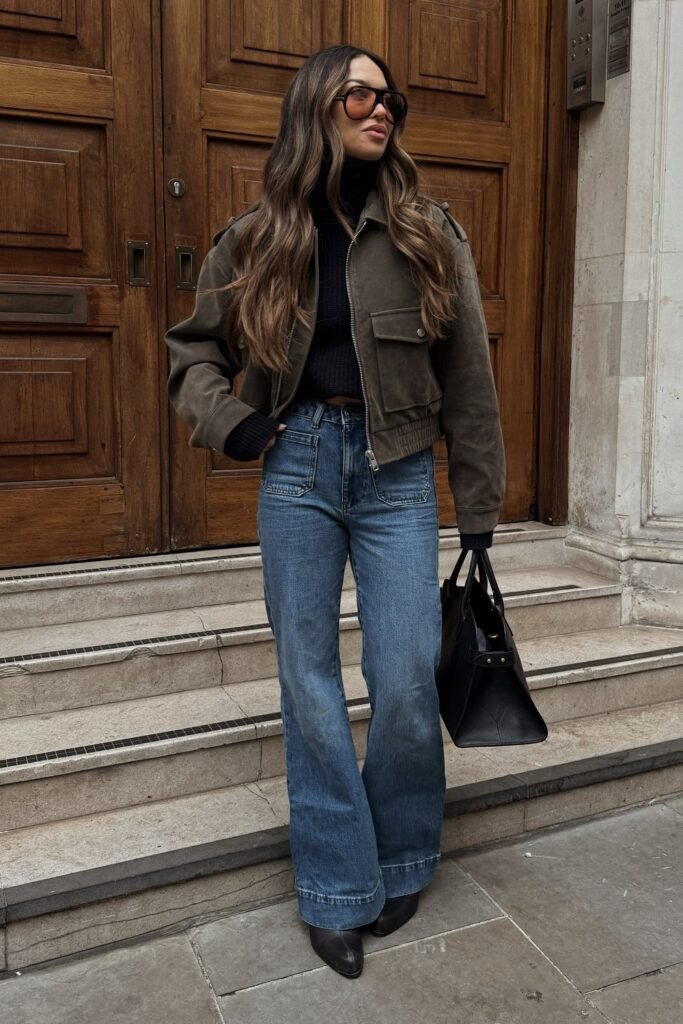 Black Turtleneck Sweater + Olive Green Cropped Bomber Jacket + Blue Flared Jeans with Patch Pockets + Black Pointed Boots + Black Tote Bag