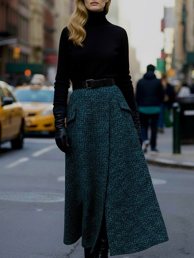 Black Turtleneck + Teal Wool Skirt + Black Waist Belt + Black Gloves + Black Boots