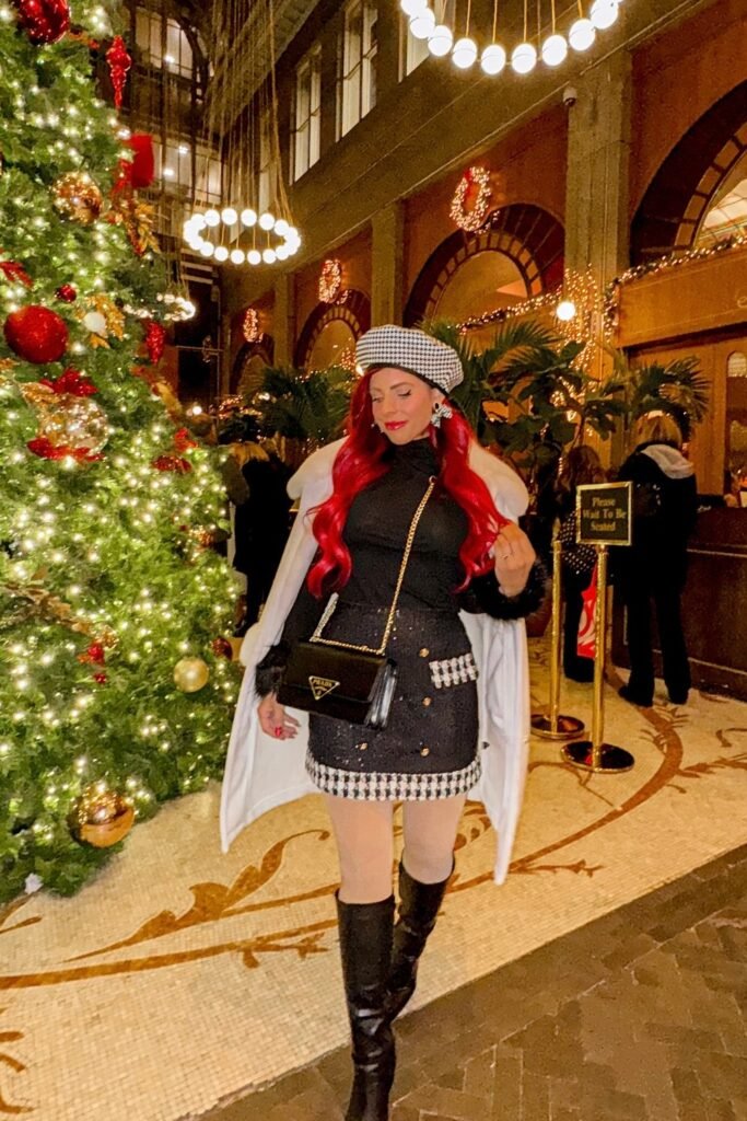 Black Turtleneck Top + Black and White Houndstooth Mini Skirt + White Faux Fur Trim Coat