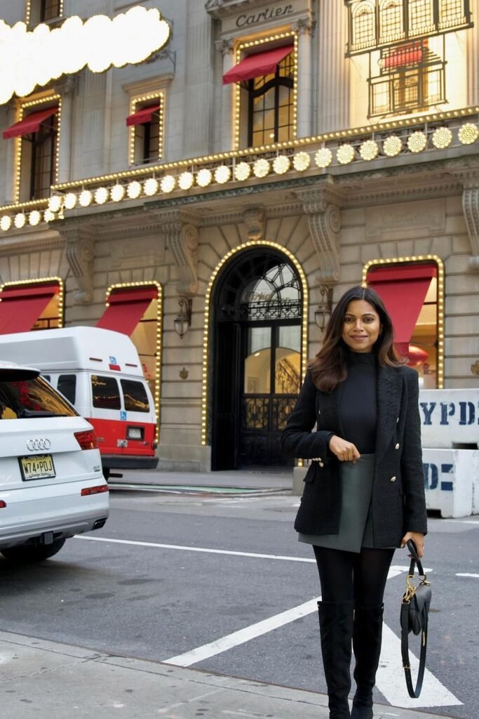 Black Tweed Blazer + Black Turtleneck + Dark Green Mini-Skirt