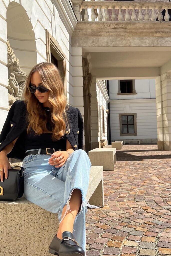 Black Tweed Cropped Jacket + Black Crop Top + Light Wash Ripped-Hem Jeans + Black Loafers