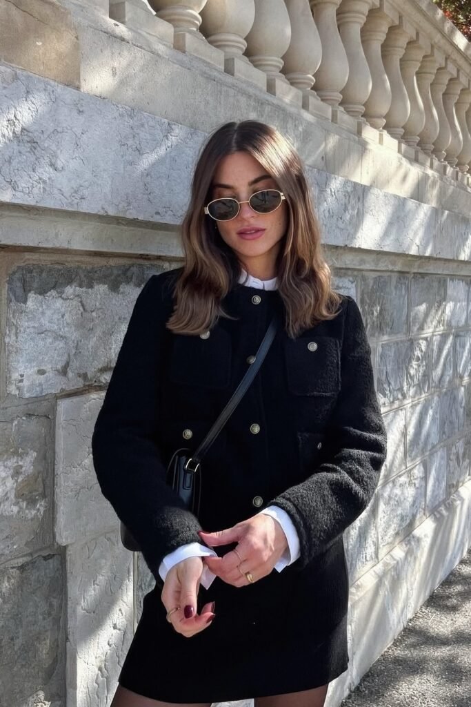 Black Tweed Jacket with Gold Buttons + White Collared Shirt + Black Mini Skirt