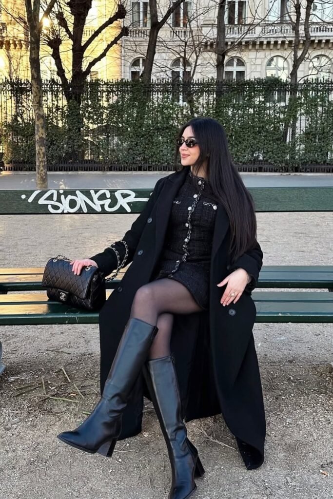 Black Tweed Mini Dress + Long Black Wool Coat + Black Knee-High Boots