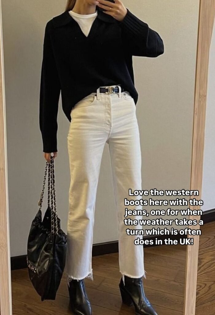 Black V-Neck Collared Sweater + White T-shirt + White Frayed-Hem Jeans + Black Western Boots