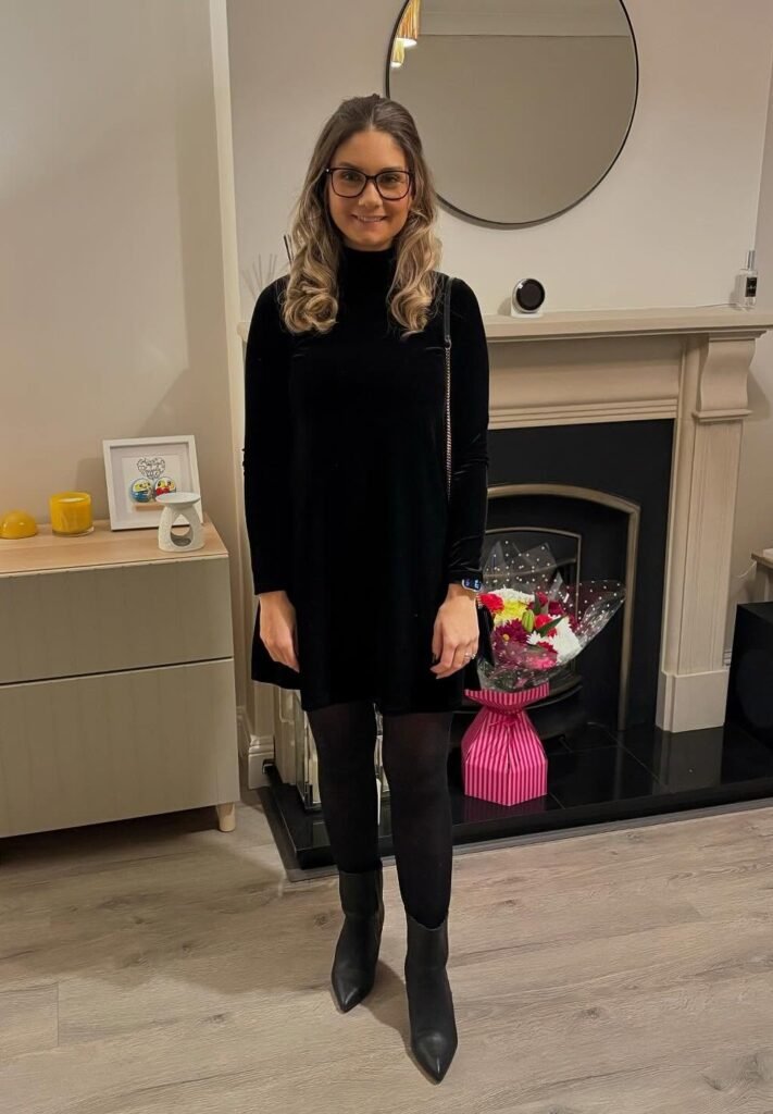 Black Velvet Mini Dress + Black Tights + Black Ankle Boots + Glasses