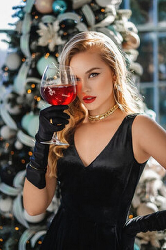 Black Velvet V-Neck Dress with Long Gloves and Gold Choker