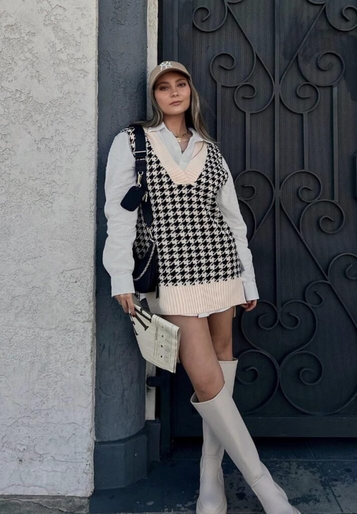 Black White Houndstooth Sweater Vest + Light Blue Button-Up Shirt + Cream Knit Mini Skirt + Tall White Boots