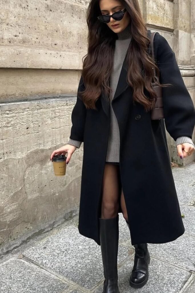 Black Wool Coat + Grey Sweater Dress + Black Knee-High Boots + Brown Shoulder Bag + Sunglasses
