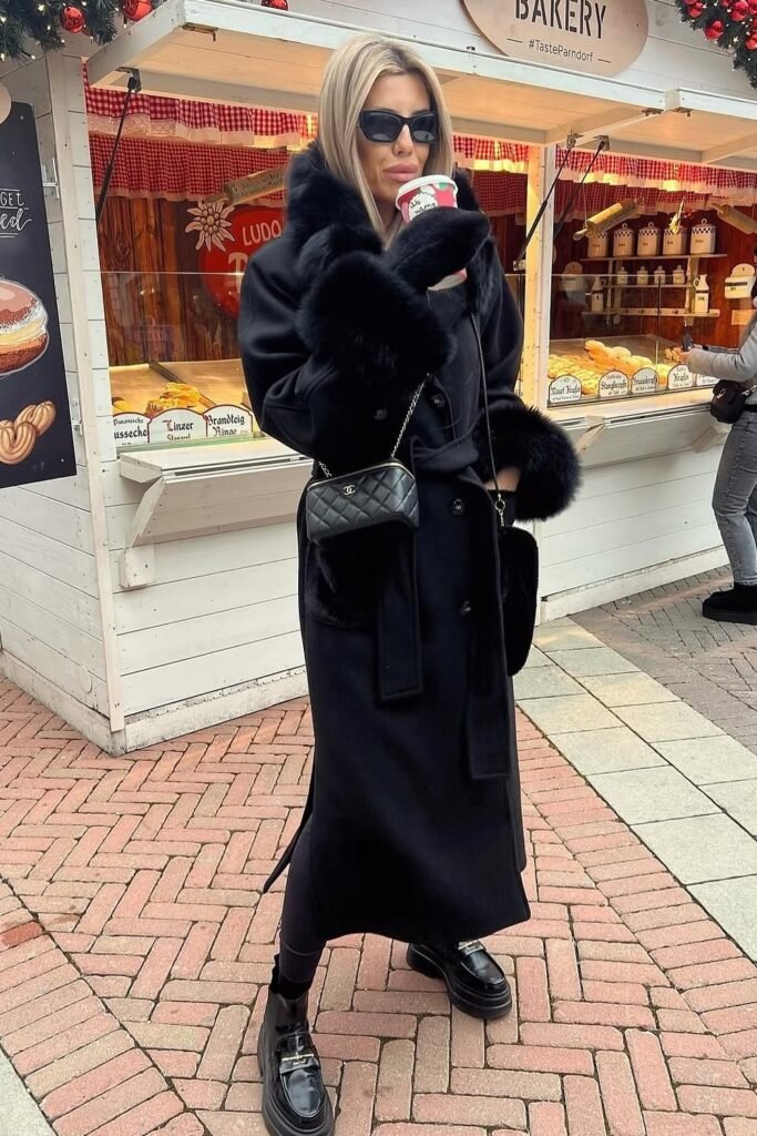 Black Wool Coat with Black Fur Trim (Cuffs/Hood) + Black Leggings + Black Lug Sole Loafers + Black Quilted Crossbody Bag