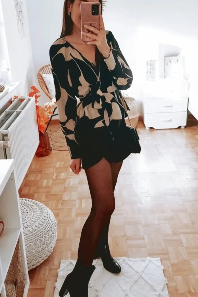 Black and Beige Abstract Print Blouse/Wrap Top + Black Skirt/Shorts + Black Tights + Black Block Heel Ankle Boots