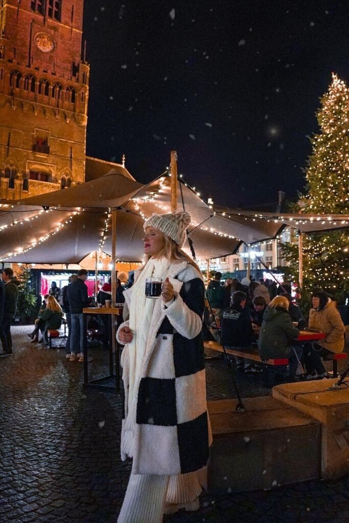 Black and White Checkered Faux Fur Coat + White Knit Scarf + White Beanie + Winter Market