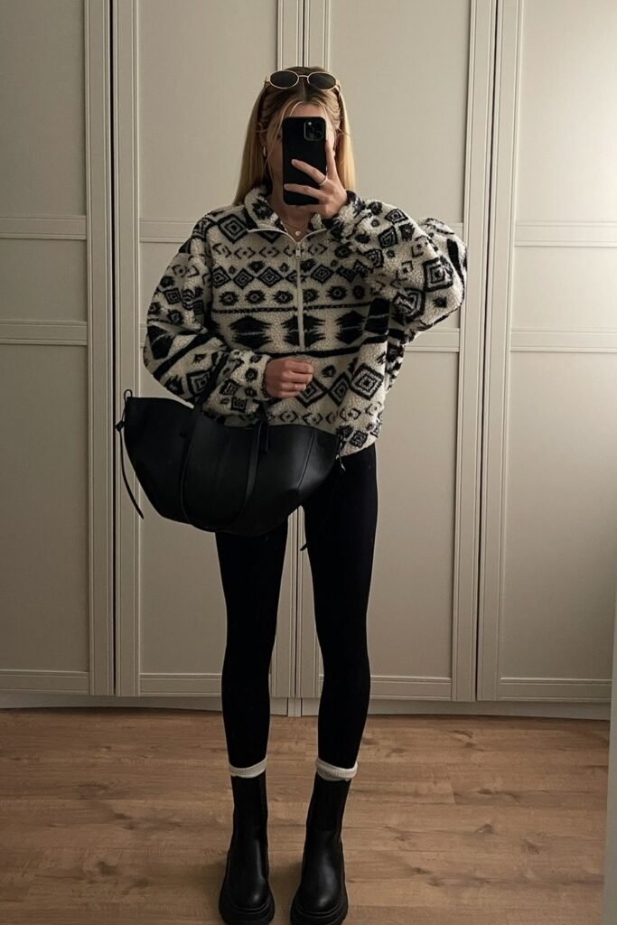 Black and White Geometric Fleece Pullover + Black Leggings + Black Chelsea Boots