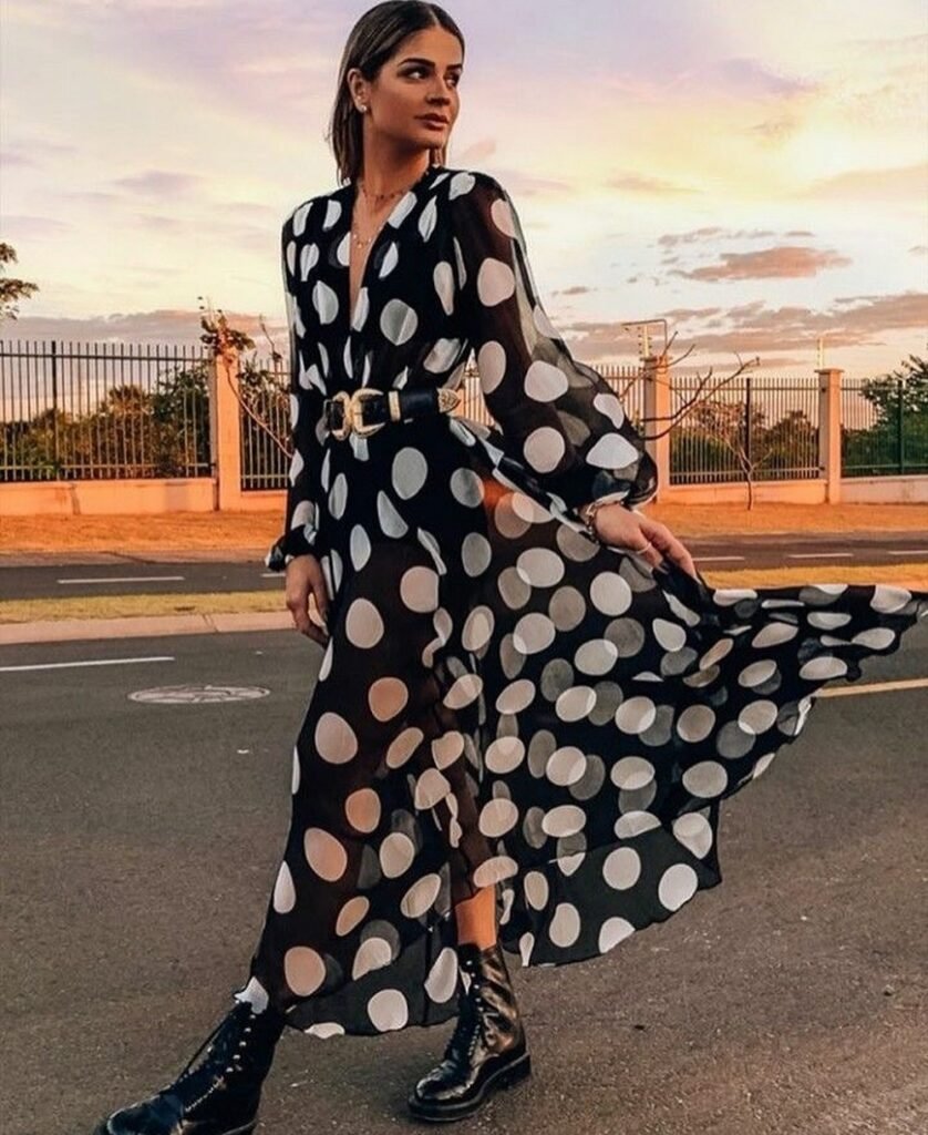Black and White Polka Dot Maxi Dress + Black Belt + Black Combat Boots