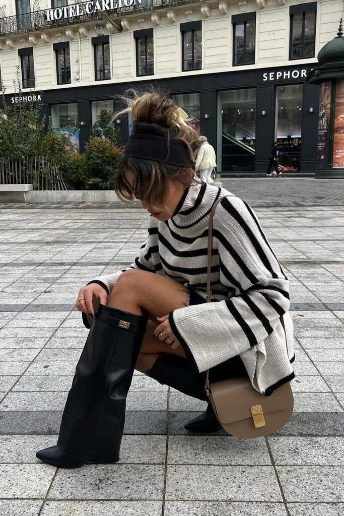 Black and White Striped Oversized Sweater + Black Mini Skirt + Black Slouchy Over-the-Knee Boots