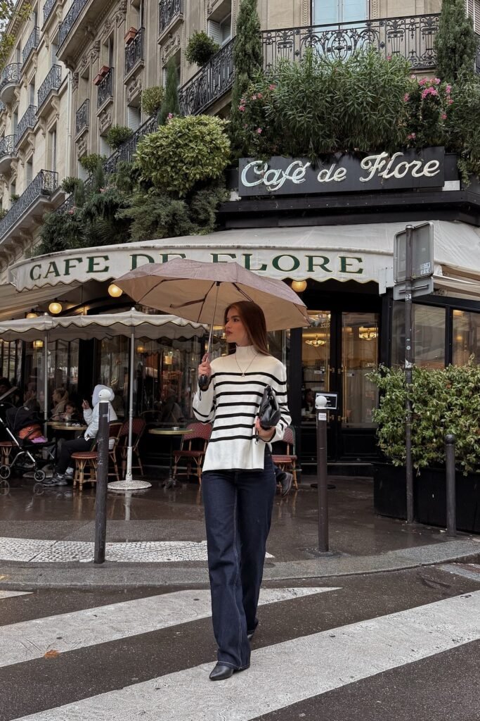 Black and White Striped Turtleneck Sweater + Dark Wash Wide-Leg Jeans