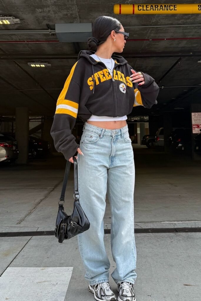 Black and Yellow Steelers Hoodie + Light Wash Baggy Jeans + Chunky Runner Sneakers