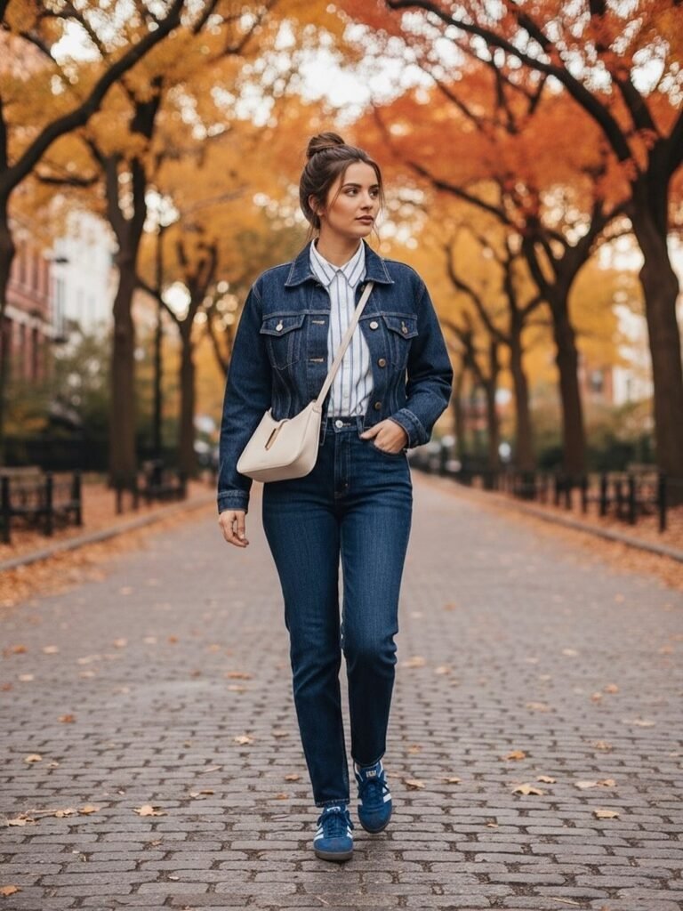 Blue Denim Jacket + Striped Shirt + Slim-Fit Blue Jeans + Blue Sneakers + Beige Crossbody Bag