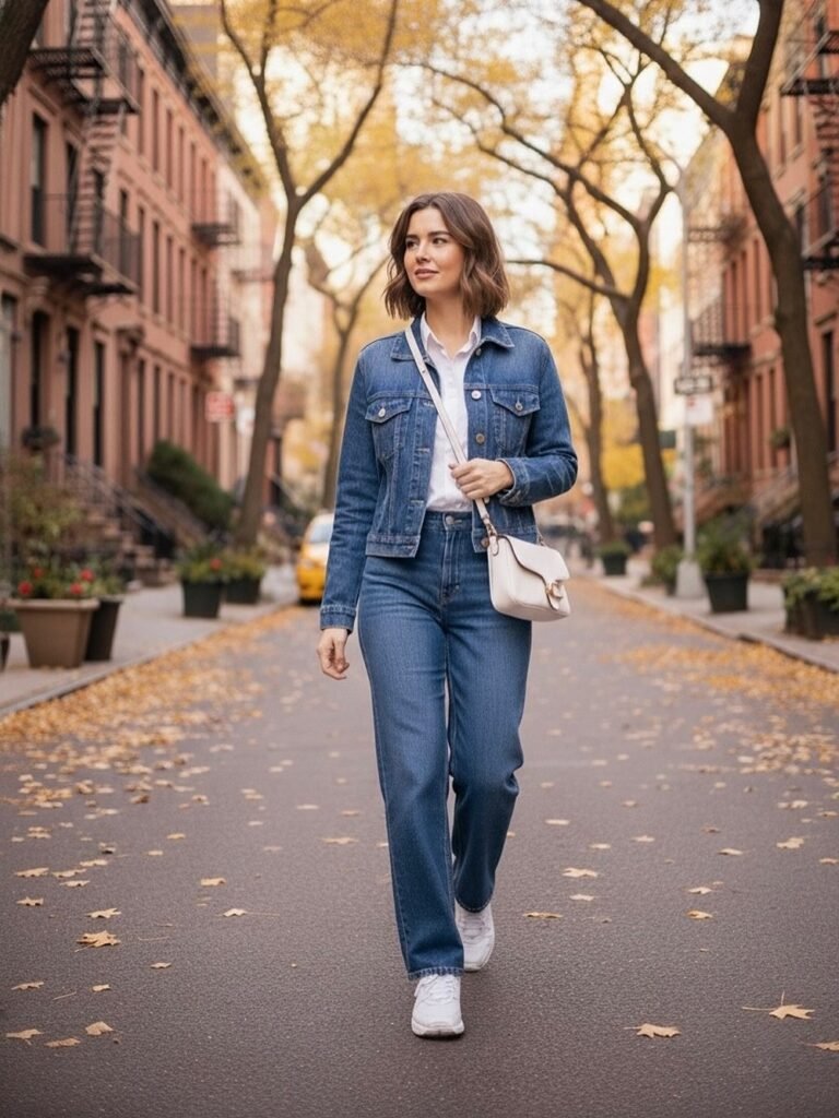 Blue Denim Jacket + White Shirt + Straight-Leg Blue Jeans + White Sneakers + White Crossbody Bag