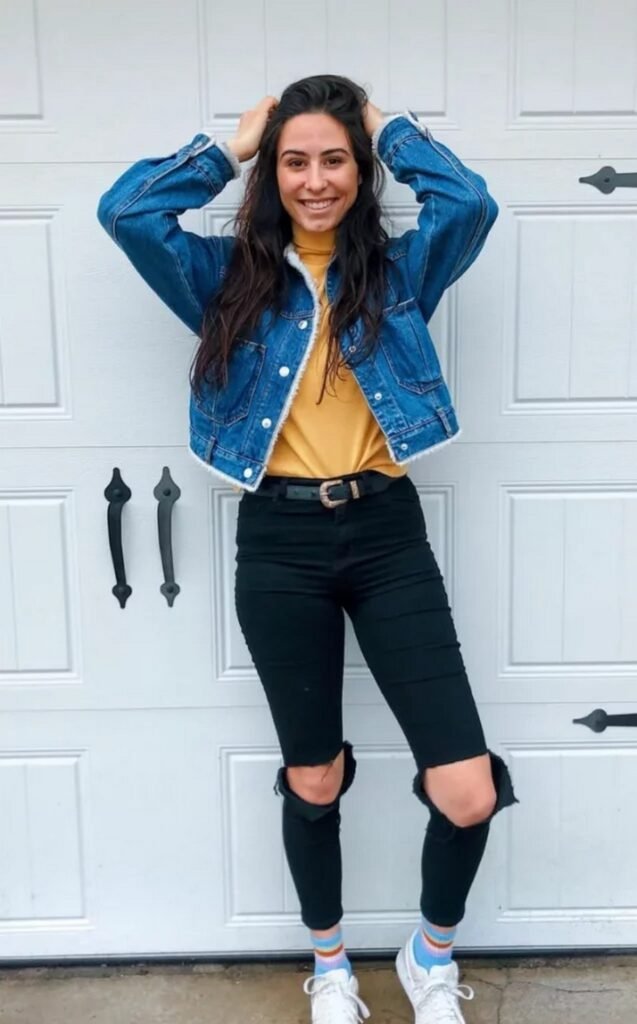 Blue Denim Sherpa Jacket + Yellow Turtleneck + Black Ripped Skinny Jeans + White Sneakers