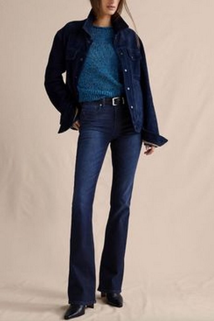 Blue Sweater + Dark Blue Denim Jacket + Dark Blue Flared Jeans + Black Belt + Black Pointed Boots