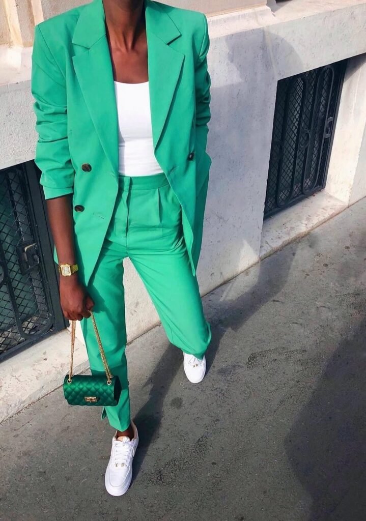 Bright Green Double-Breasted Suit + White Tank Top + White Sneakers + Green Quilted Bag